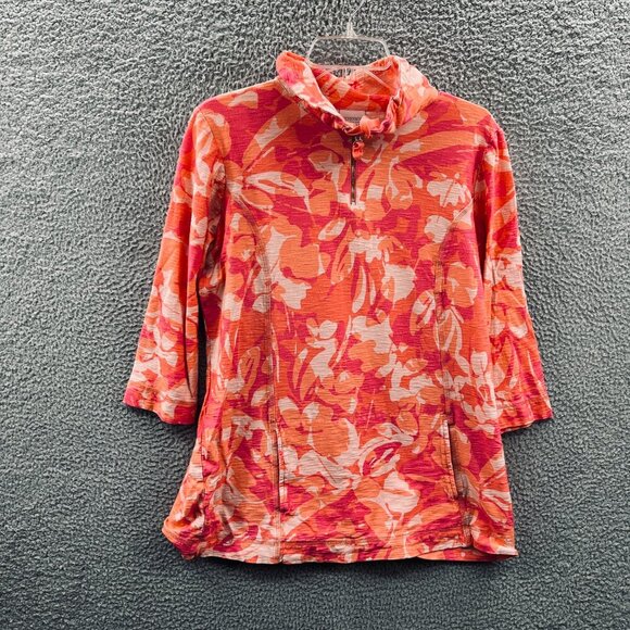 Weekends Chicos Womens Jacket 2 Large Red Pink Floral 100% Cotton Long Sleeve - Picture 1 of 11